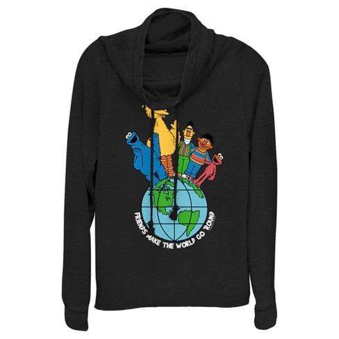 Junior s Sesame Street Friends Make The World Go Round Cowl Neck Sweatshirt Black Large Target