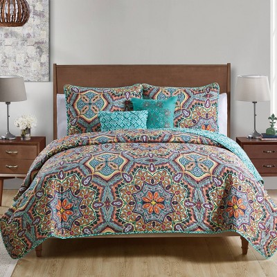 5pc Full/Queen Malik Reversible Medallion Quilt Set Off White/Blue - VCNY