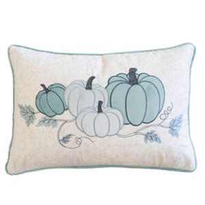 Gulches Lumbar Throw Pillow: Embroidered Pumpkin, Misty Blue Fall Accent Cushion - 1 of 4