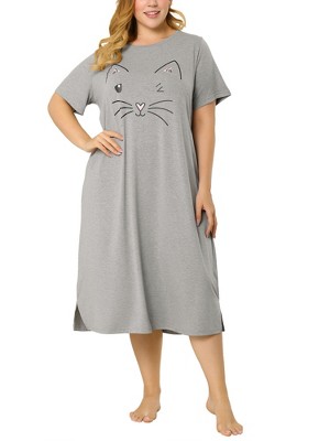 Agnes Orinda Women's Plus Size Soft Knit Cute Cat Print Short Sleeve Split Hem Pockets Midi Sleep Shirts Nightgowns