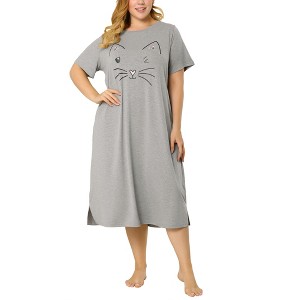 Agnes Orinda Women's Plus Size Soft Knit Cute Cat Print Short Sleeve Split Hem Pockets Midi Sleep Shirts Nightgowns - 1 of 4