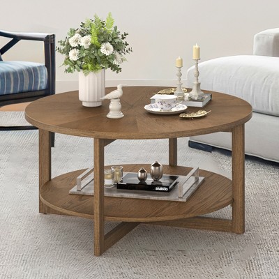 Arceso Round Coffee Table, 35" Rustic Modern Circle Coffee Tables with 2-Tier Storage Shelf, Wood Coffee Table for Living Room, Dark Walnut
