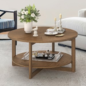 Arceso Round Coffee Table, 35" Rustic Modern Circle Coffee Tables with 2-Tier Storage Shelf, Wood Coffee Table for Living Room, Dark Walnut - 1 of 4