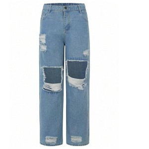 Mocamel Girl's Loose Washed Jeans Mid Waist Elastic Belt Straight Casual Ripped Wide Leg Design - 1 of 4