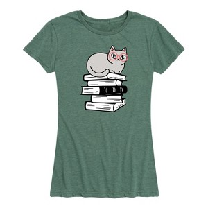 Women's - Instant Message - Cat On Books Short Sleeve Graphic T-Shirt - 1 of 4