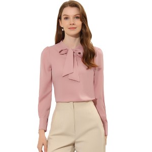 INSPIRE CHIC Women's Bow Tie Neck Elegant Long Sleeve Solid Work Office Blouse - 1 of 4