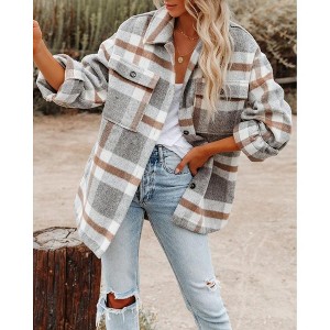 Coolmee Women's Plaid Coats Shacket Winter Outfits Long Sleeve Button Down Shirts Jacket with Side Pockets - 1 of 4
