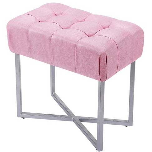 Homebeez Faux Fur Ottoman Foot Rest Stool-16.1 Vanity Stool with Metal Legs (Pink)