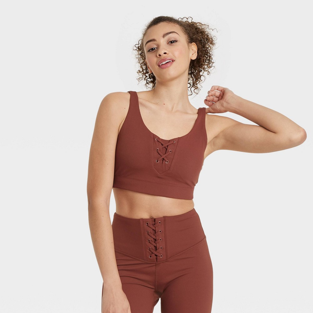 Women's Lace-Up Detail Ribbed Bra - JoyLab™ Brown S