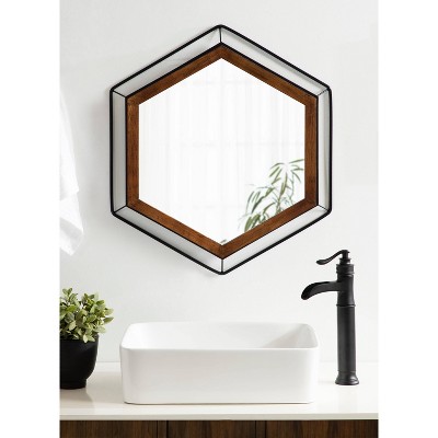 Wesman Hexagon Floating Wall Mirror in Walnut and Black