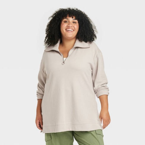 Women's Long Sleeve Cozy Ribbed Tunic Sweatshirt - Ava & Viv™ Cream 1X