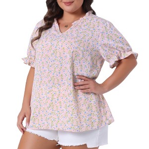 Agnes Orinda Women's Plus Size Summer Floral V Neck Ruffle Puff Short Sleeve Casual Blouse - 1 of 4
