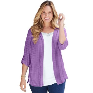 Catherines Women's Plus Size Shadow Stripe Cardigan - 1 of 4