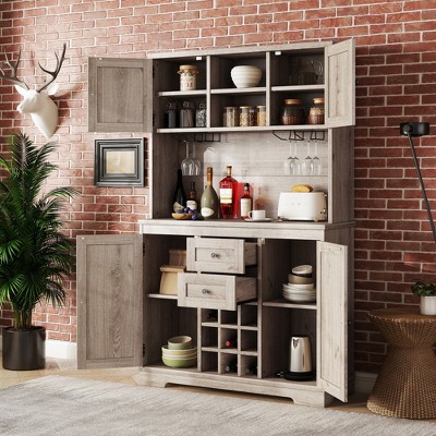 Farmhouse Coffee Bar Cabinet with Wine Racks, Drawers & Shelves, Kitchen Buffet Storage Cabinet for Dining Room or Living Room