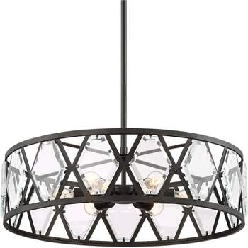 Regency Hill Lexington Black Pendant Chandelier 26" Wide Industrial Drum Clear Crystal 6-Light Fixture for Dining Room House Kitchen Island Entryway