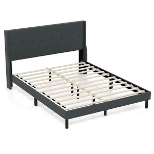 Costway Queen Size Bed Frame Linen Upholstered Mattress Foundation with Wooden Slats - 1 of 4