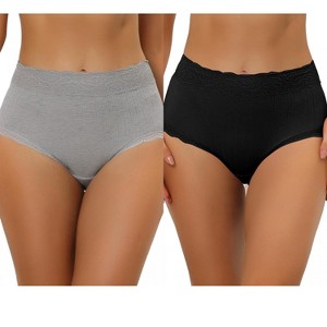 Allegra K Women's High Waist Tummy Control Comfortable Lace Trim Ribbed Brief 2 Packs - 1 of 4
