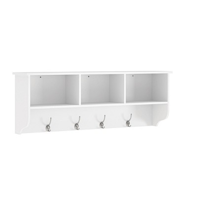 GlasFlength Decorative Storage Cabinets Accent Cabinet Entryway Wall Storage Shelf Coat Rack with 4 Dual Hooks for Room, White, 38.58"*7.87"*13.78"