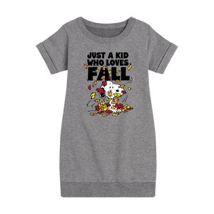 Girls' - Peanuts - Just A Kid Who Loves Fall Graphic Short Sleeve Fleece Dress - 1 of 4