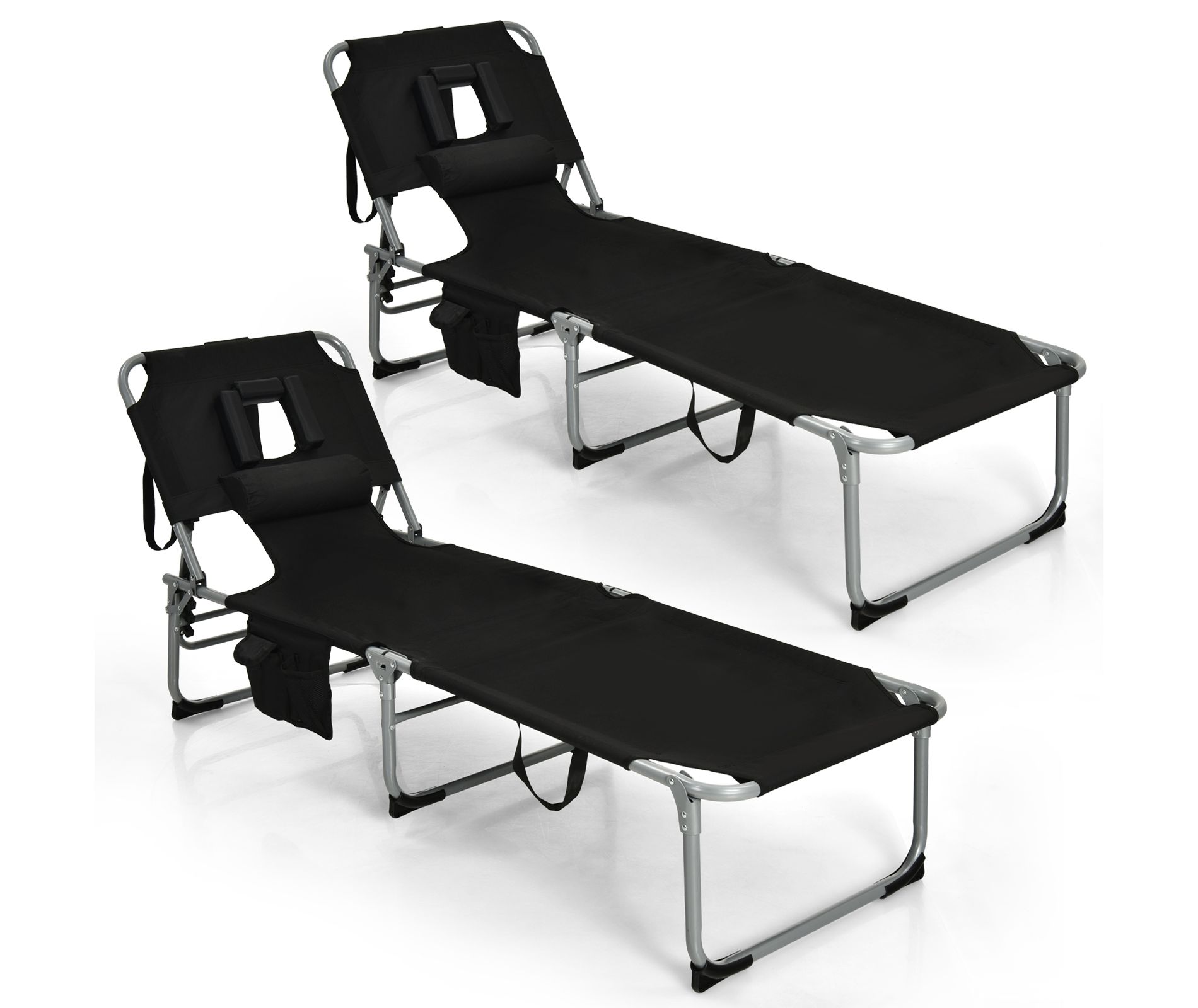 Gymax 2PCS Outdoor Beach Lounge Chair Folding Chaise Lounge 5-Level Backrest Black