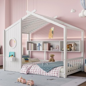 Whisen Twin Size Floor House Bed & Kids Montessori Bed, Playhouse Bed with Storage Shelf, Roof Design - 1 of 4