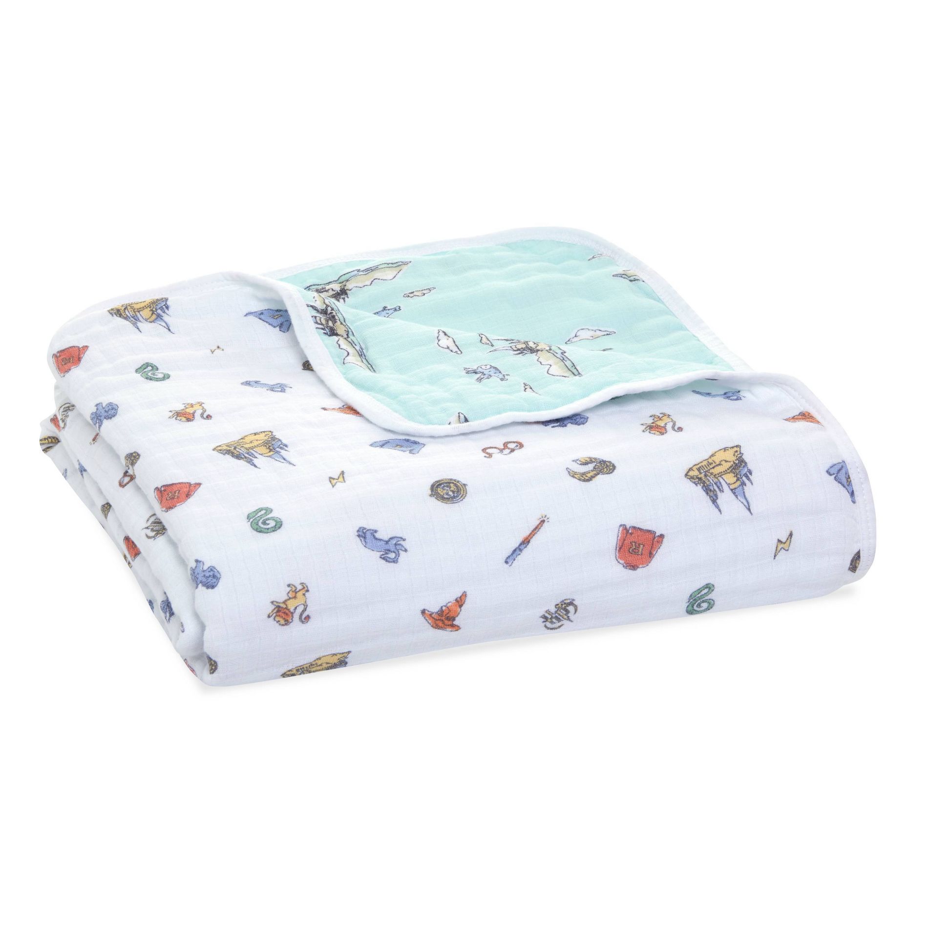 aden + anais Muslin Reversible Blanket Hogwarts Essentials: 44 x 44 Inches, Figures Pattern, 1-Pack