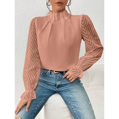 Women's Mock Neck Patchwork Ruffle Long Sleeve Blouse Sheer
