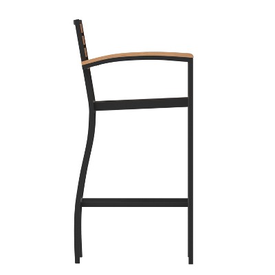 Teak Faux Wood Poly Resin Slatted Bar Height Stool with Aluminum Frame
