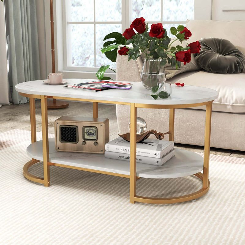 Costway White Marble Coffee Table  Modern 2-Tier Center Table with Open Storage Shelf, 4 of 11