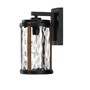 Water Glass & Wood Finish Outdoor Wall Light Black - Wellfor: Exterior Sconce, Carriage Lights, 60W E26, No Switch - 1 of 4