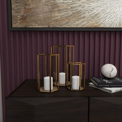 Gold Iron and Glass Hexagonal Candle Lantern Set