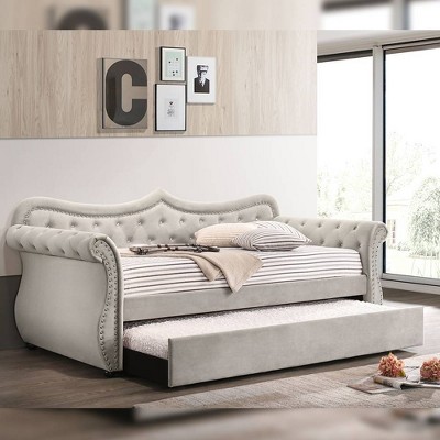 Beige Twin Upholstered Sleigh Daybed with Trundle and Nailhead Trim