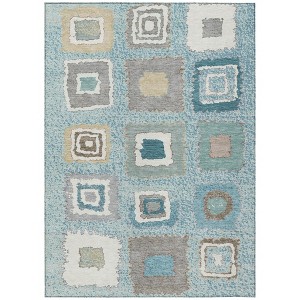 Teal Blue Beige And Ivory Geometric Washable Indoor Outdoor Area Rug - 1 of 4