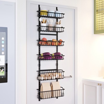SUGIFT Over-the-Door Pantry Organizer 6-Tier Adjustable Metal Storage Rack with Snap-On Baskets & Sticky Trays