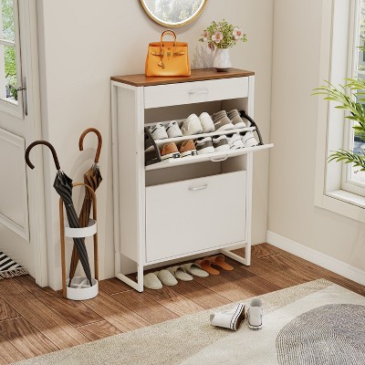 KTMBDW Shoe Cabinet with 2 Flip Drawers and 1 Drawer, Hidden Wood Shoe Cabinet, Freestanding Shoe Storage Cabinet for Entryway, Hallway, Living Room