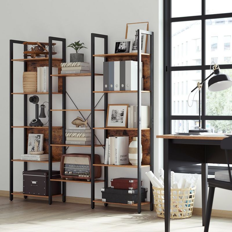 VASAGLE 5-Tier Bookcase with 14 Shelves, Book Shelf with Metal Frame, Bookshelf for Living Room, Home Office, Industrial Style, Rustic Brown and Black, 2 of 9