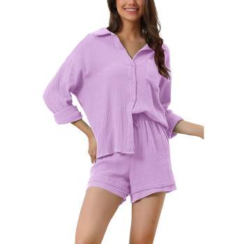 cheibear Women's Button Down Long Sleeve Sleepwear Shirt with Shorts Casual Lounge Sets