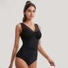 Anna-Kaci Swim Women's Mesh Insert V-Neck One Piece Swimsuit with Ruched Waist and Wide Shoulder Straps - 3 of 4