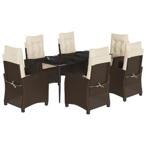 vidaXL 7 Piece Patio Dining Set with Cushions Brown Poly Rattan - 63" Table Length Without Footrest 6 Items - 1 of 4