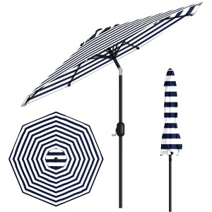 9ft Patio Umbrella, Outdoor Table, UV, Fade, Water Resistant, Crank Lift, Tilt, 8 Ribs, Metal Frame, Blue/White Stripe - 1 of 4