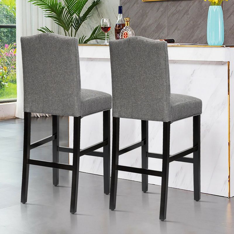 Costway Set of 2 Bar Stools 30'' Upholstered Kitchen Rubber Wood Full Back Chairs Gray, 4 of 11