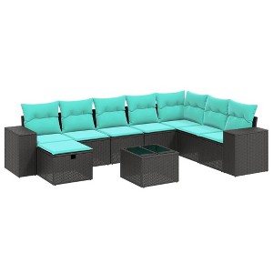 vidaXL 9 Piece Patio Sofa Set with Cushions Black Poly Rattan - Black without storage 8-piece - 1 of 4