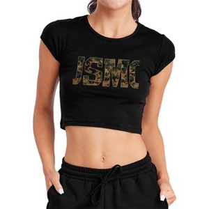 US Marine Corps Usmc Camo Fill Women's Cap Sleeve Baby Rib Crop Top Black - 1 of 4