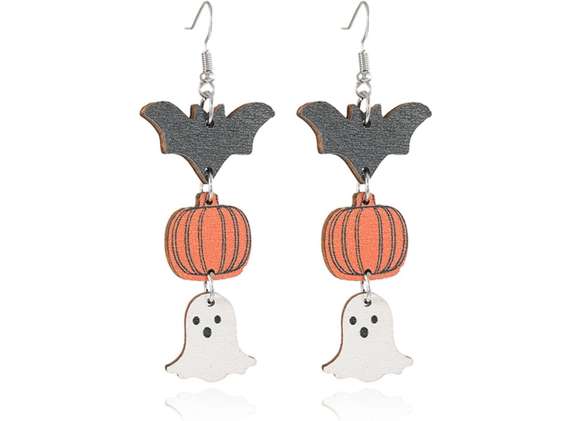 Lightweight Wooden Halloween Earrings for Women - Pumpkin, Bat & Cat Dangle Drop Earrings for Party