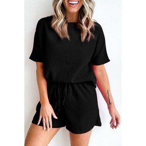 Black Casual Textured Tee and Drawstring Shorts Set - 1 of 1