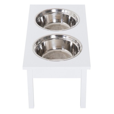 White Elevated Wooden Pet Feeding Station with Stainless Steel Bowls