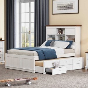 LOVMOR Solid Pine Bookcase Bed with Trundle Bed, Storage Headboard, 3 Spacious Under Bed Drawers, Easy Assembly - 1 of 4