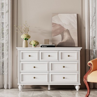 Jojoka 7 Drawer Dresser, Large Wooden Dresser with Gold Metal Handles and Strong Legs for Living Room,White
