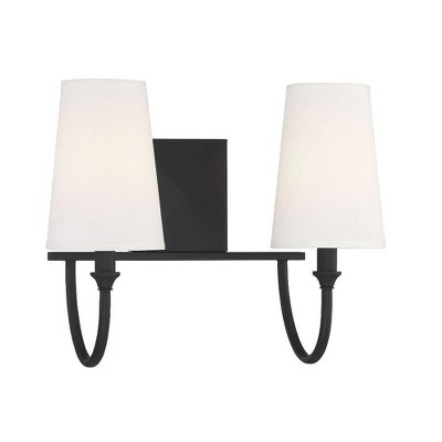 Cameron Matte Black 2-Light Vanity with Tall White Fabric Shades