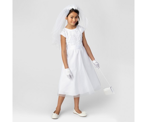 Girls' Mia Sophia Cap Sleeve Rose Bodice Communion Dress - White 10